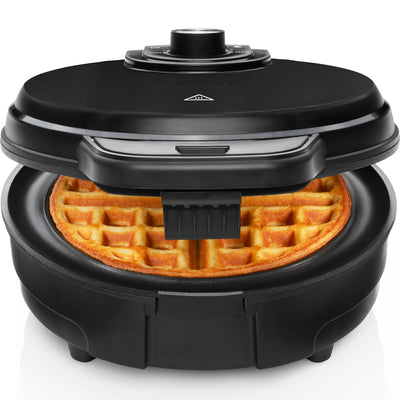 Chefman Anti-Overflow Belgian Waffle Maker w/Shade Selector, Temperature Control, Mess Free Moat, Round Iron w/Nonstick Plates & Cool Touch Handle, Measuring Cup Included, Black
