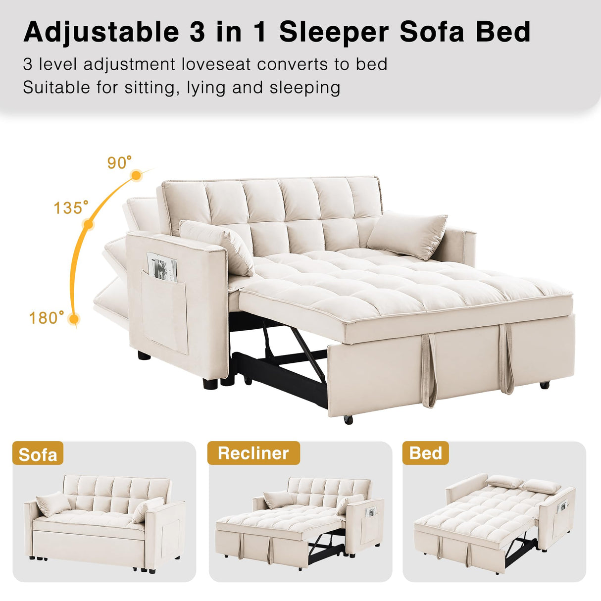 Wakefit 3 in 1 Convertible Sleeper Sofa Bed, Futon Couches for Living Room with Side Pocket | Adjustable Backrest| Velvet Fabric | Pull Out Couch | Recliner Loveseat | Sectional Sofa, Creamywhite Wakefit