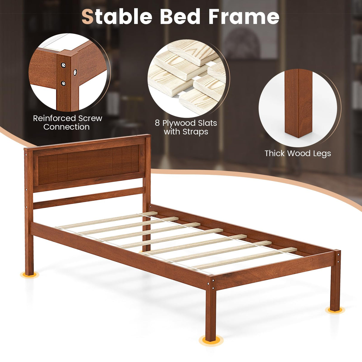 KOMFOTT Twin Size Wood Platform Bed Frame with Headboard, Solid Wood Bed Frame with Slat Support, Under Bed Storage, 16-Inch Mattress Foundation Bedroom Furniture, No Box Spring Needed KOMFOTT