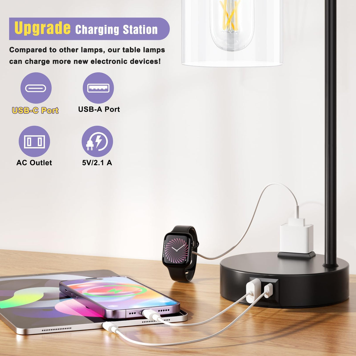 Industrial Touch Table Lamps for Bedrooms Set of 2 - 3-Way Dimmable Nightstand Lamps with USB C+A Ports and Outlet, Black Bedside Lamps with Glass Shade for Living Room, Desk Lamps for Home Office Innqoo