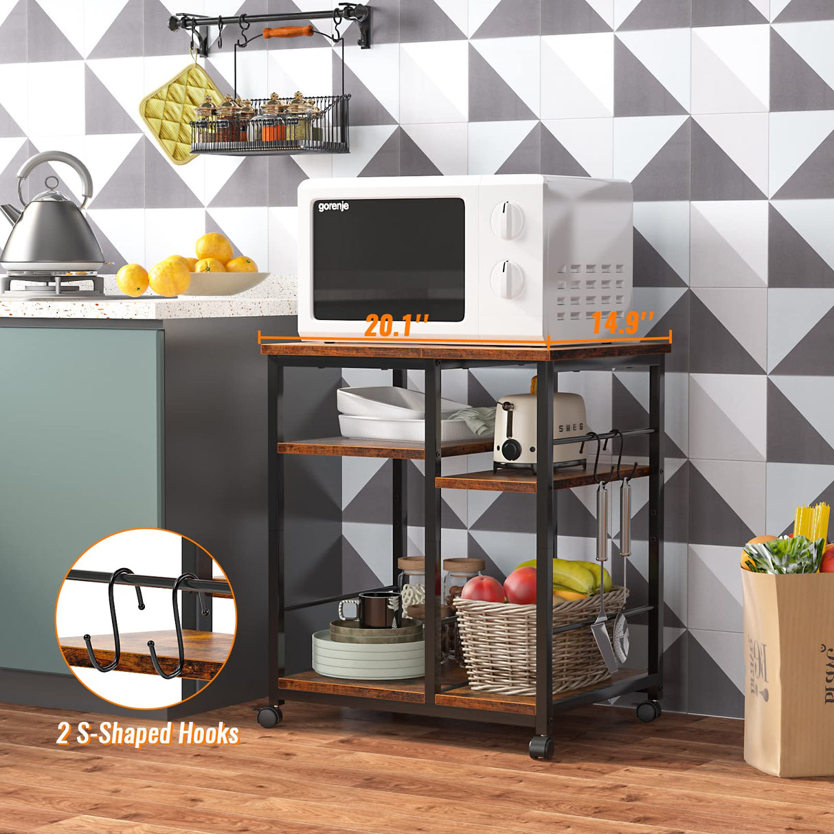 Furologee Printer Stand, 3 Tier Printer Table for Home Office Organization, Mobile Printer Cart with Wheels and 2 Hooks, Under Desk Shelf with Storage, for Living Room, Kitchen, Rustic Brown Furologee