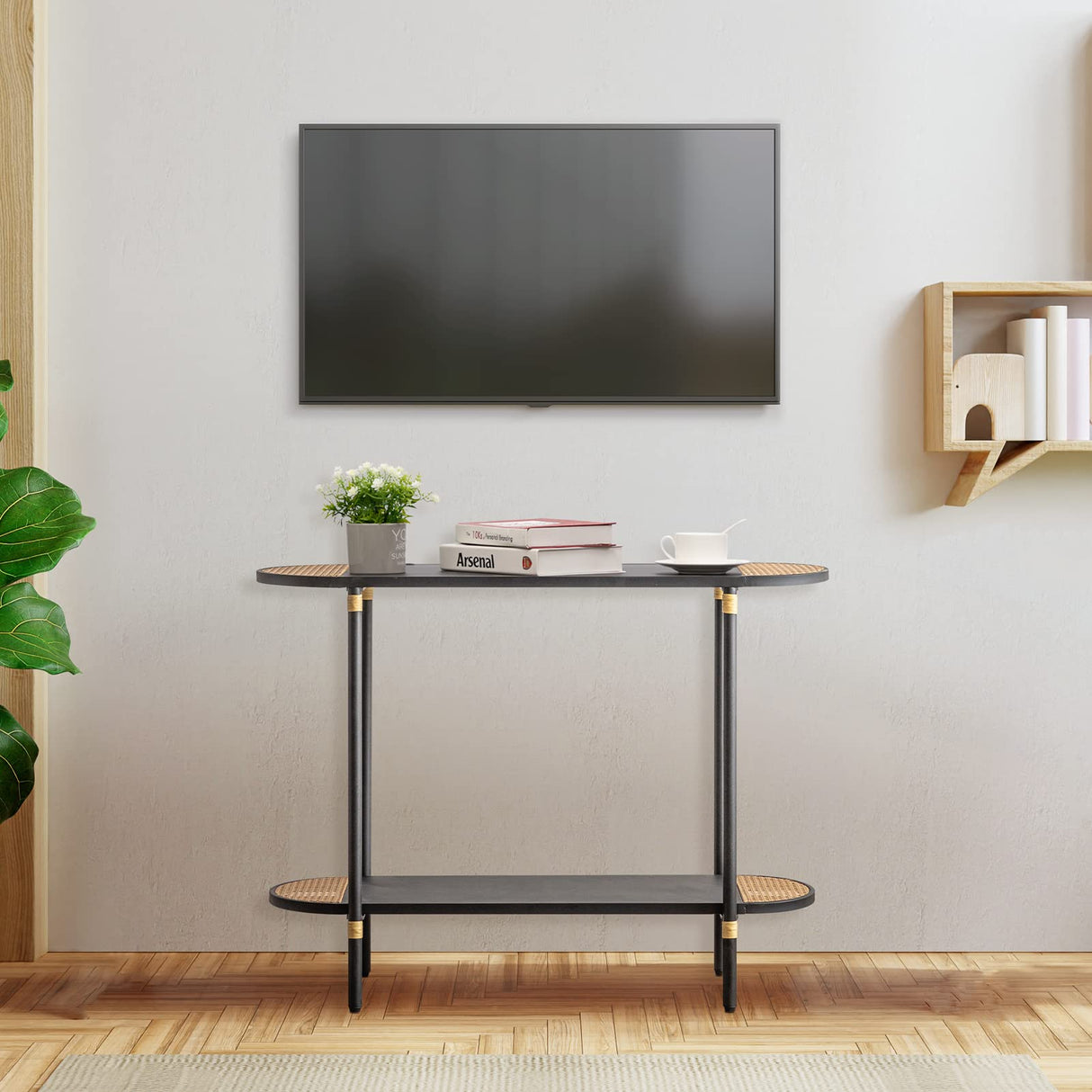 HollyHOME Black Metal Console Table with Rattan Decor, 2-Tier Entryway Table, 42.32"(L) Narrow Sofa/Couch Side Table with Metal Frame, Hallway Entry Table for Living Room HollyHOME