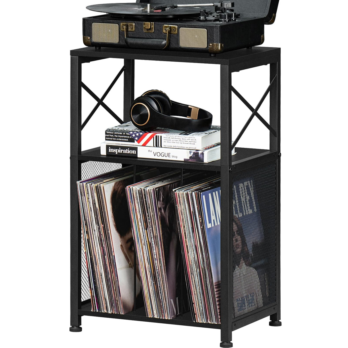 LELELINKY 3 Tier End Table, Side Table with Display Shelf, Black Vinyl Record Player Stand with Albums Storage, Industrial Sofa Bedside Table Night Stand for Living Room Bedroom Small Spaces LELELINKY