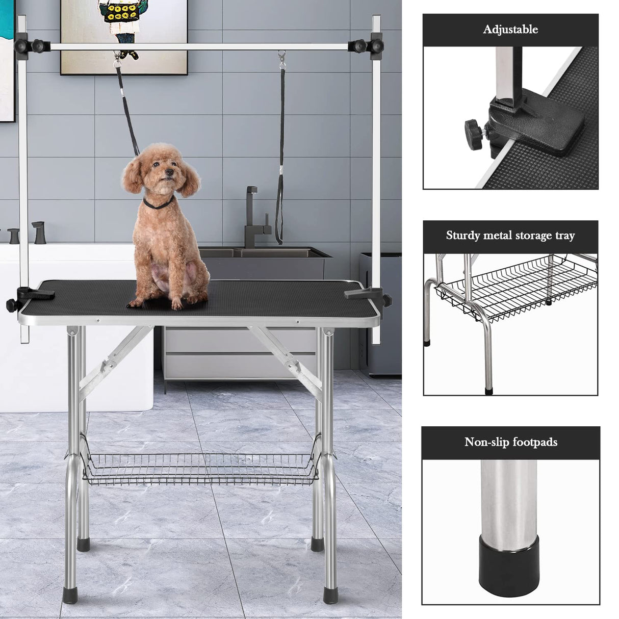 SoarFlash Pet Dog Grooming Table Foldable,Heavy Duty Foldable Pet Grooming Table with Arm & Noose & Mesh Tray, Maximum Capacity Up to 330lbs, 36inch, Black SoarFlash