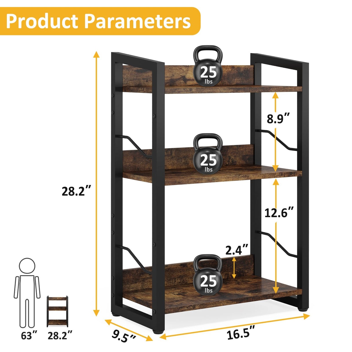 Hosfais 3-Tier Rustic Brown Wood Bookshelf with Metal Frame and Edge Protection Hosfais