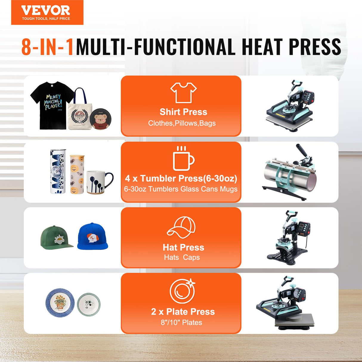 VEVOR 8 in 1 Heat Press Machine for T Shirts Hats Mugs Plates - 12x15 Swing Away Shirt Press Machine with 30 OZ Tumbler Press, Hat Press, Plate Press, Light Green VEVOR