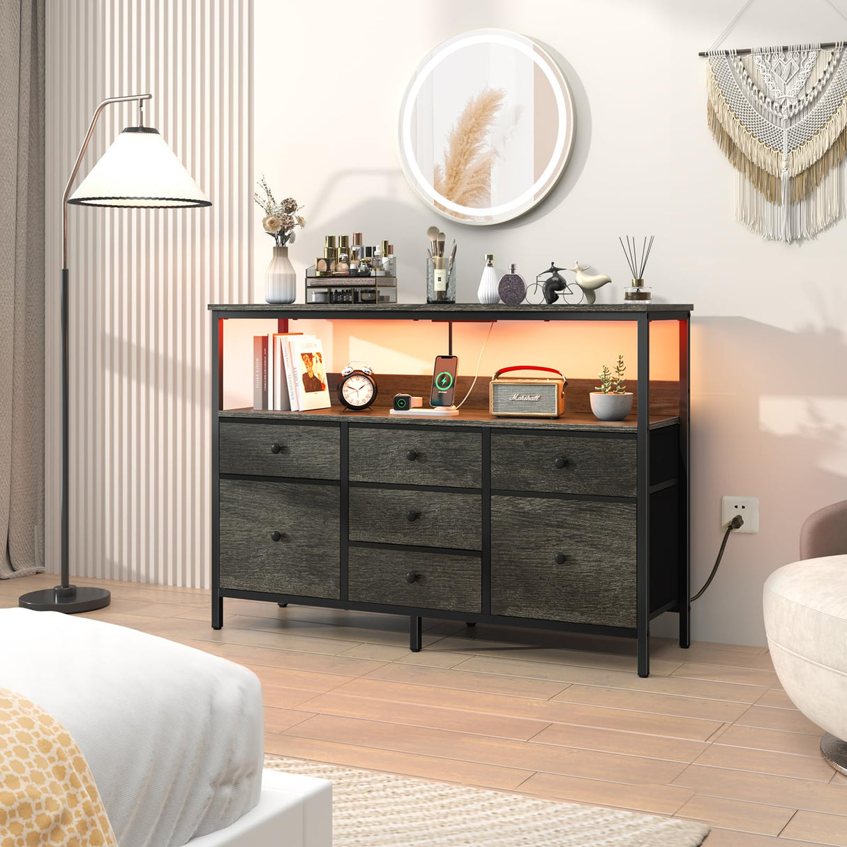 Yoobure TV Stand Dresser for Bedroom, 7 Fabric Drawers Entertainment Center, LED Dressers with Power Outlets, TV Stands for Living Room with Storage Shelf, TV Console Entertainment Stand up to 50" TV Yoobure