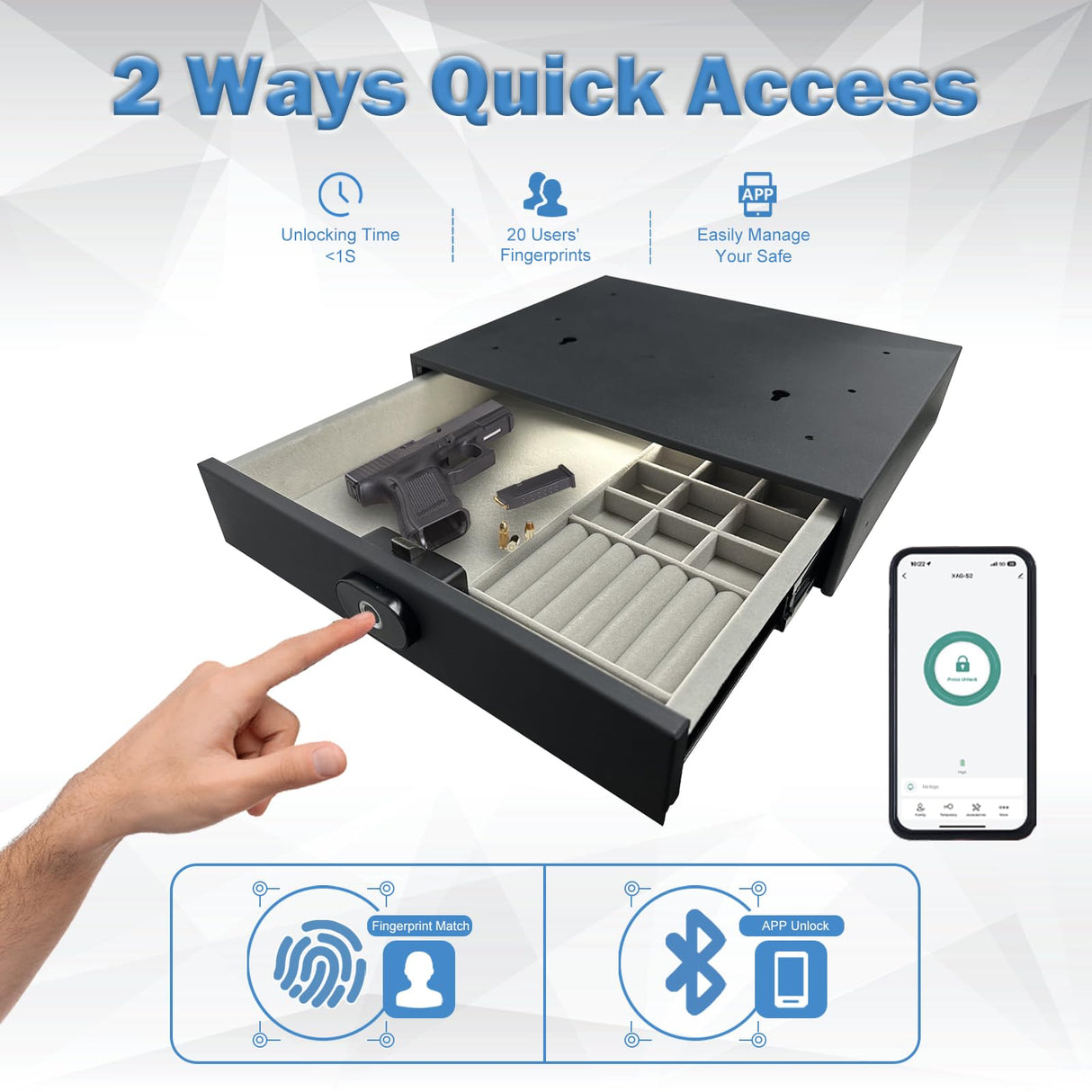 SAFEACET Biometric Drawer Pistol Safe Steel, Quick Access Under Desk Smart Gun Safe Box with LED Light, for Home Store Nightstand Jewelry Handgun Organizer SAFEACET