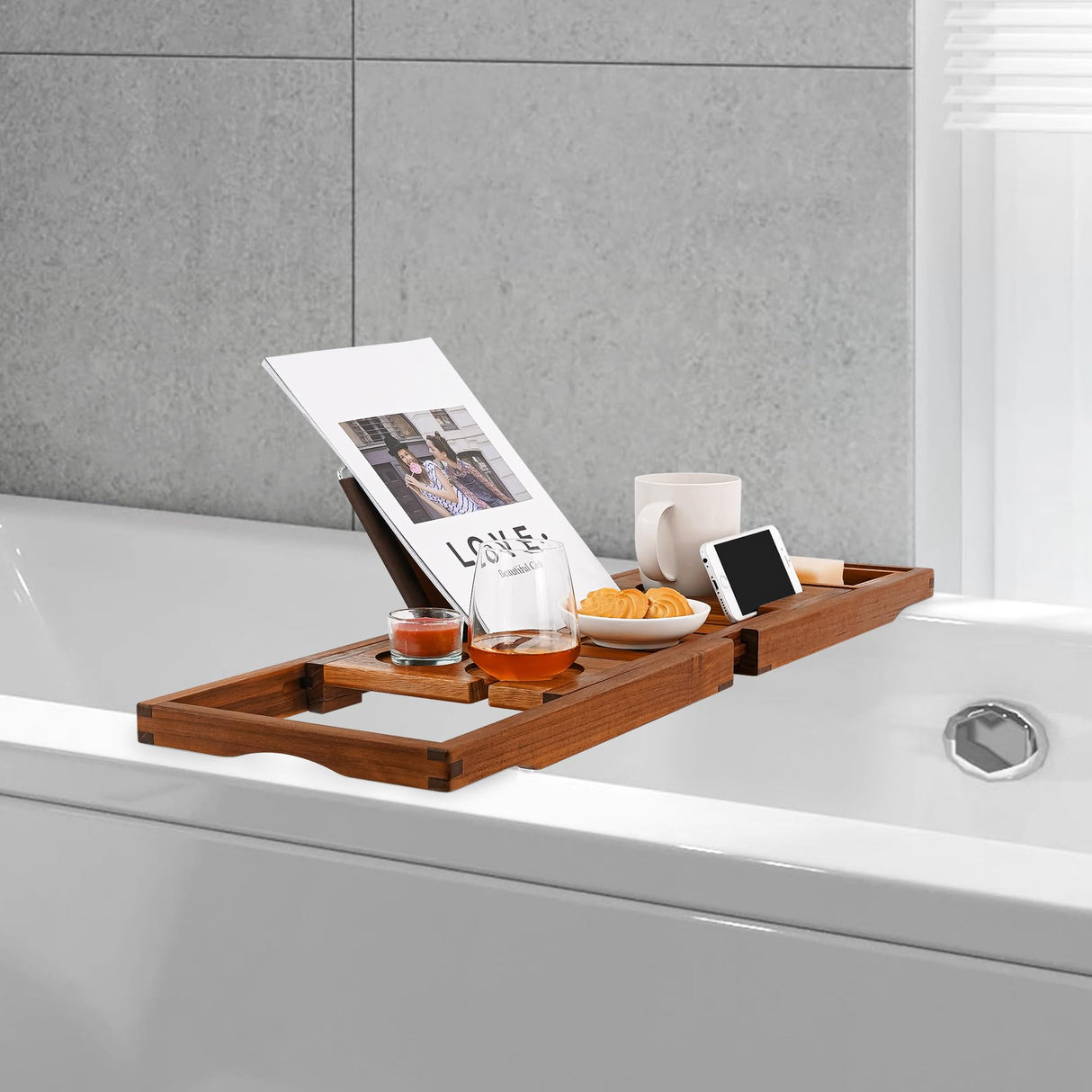 Utoplike Teak Bathtub Caddy Tray Bath Tray for Tub, Unique Bathtub Organizer with Book Tablet Wine Glass Cup Towel Holder, Adjustable, for Your Loved Utoplike