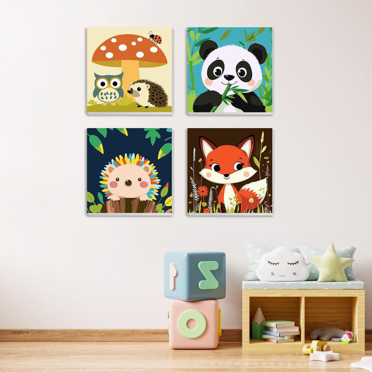 MXJSUA 4 Pack Cute Animals Paint by Numbers Kit with Framed Canvas for Ages 6-12 Kids, Panda Paint by Numbers Kits for Children Beginners, Acrylic Oil Painting for Home Wall Decor Gift (8x8 inch) MXJSUA