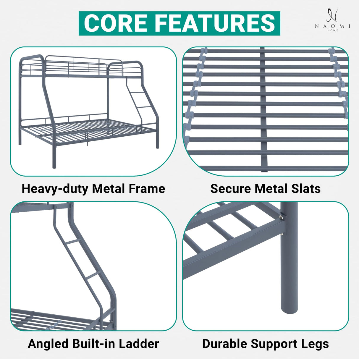 Hollywood Bunk Beds Twin Over Full Size, Heavy Duty Metal Bunk Bed with Safety Guardrails, Angled Ladder, Underbed Storage, 800LBs capacity - for Kids and Teens, Twin over Full Bunk Bed, Gray Naomi Home