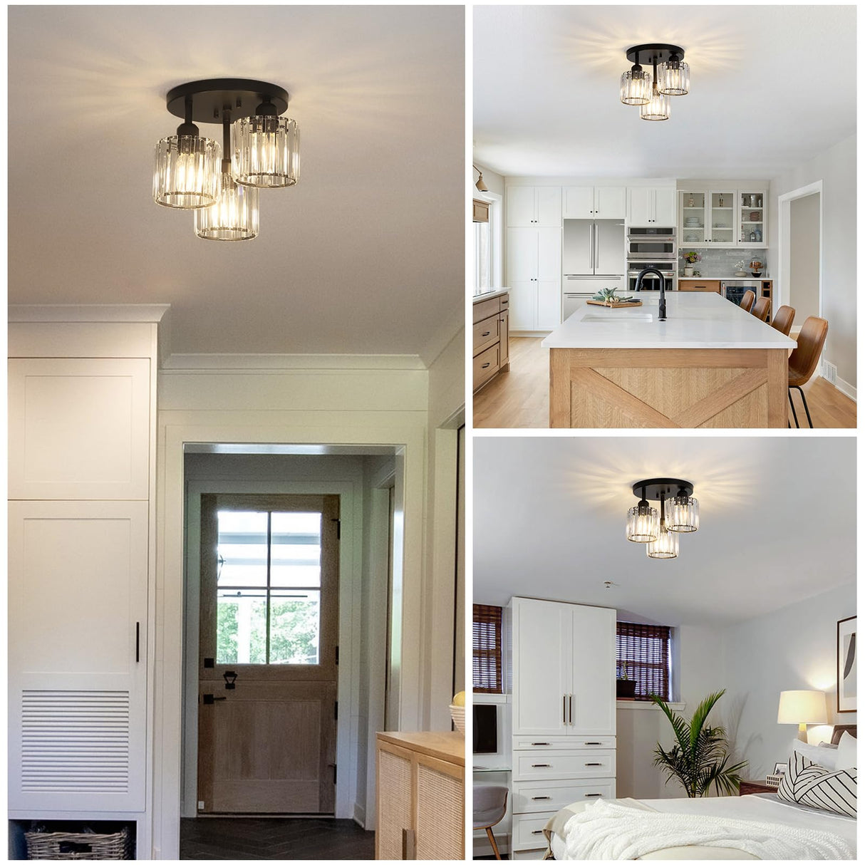 PAUFUL Crystal Semi Flush Mount Ceiling Light,3-Light Modern Close to Ceiling Light Fixtures,Black Kitchen Light Fixtures with Clear Crystal Shade,Hallway Light Fixtures for Hallway Bedroom Bathroom PAUFUL