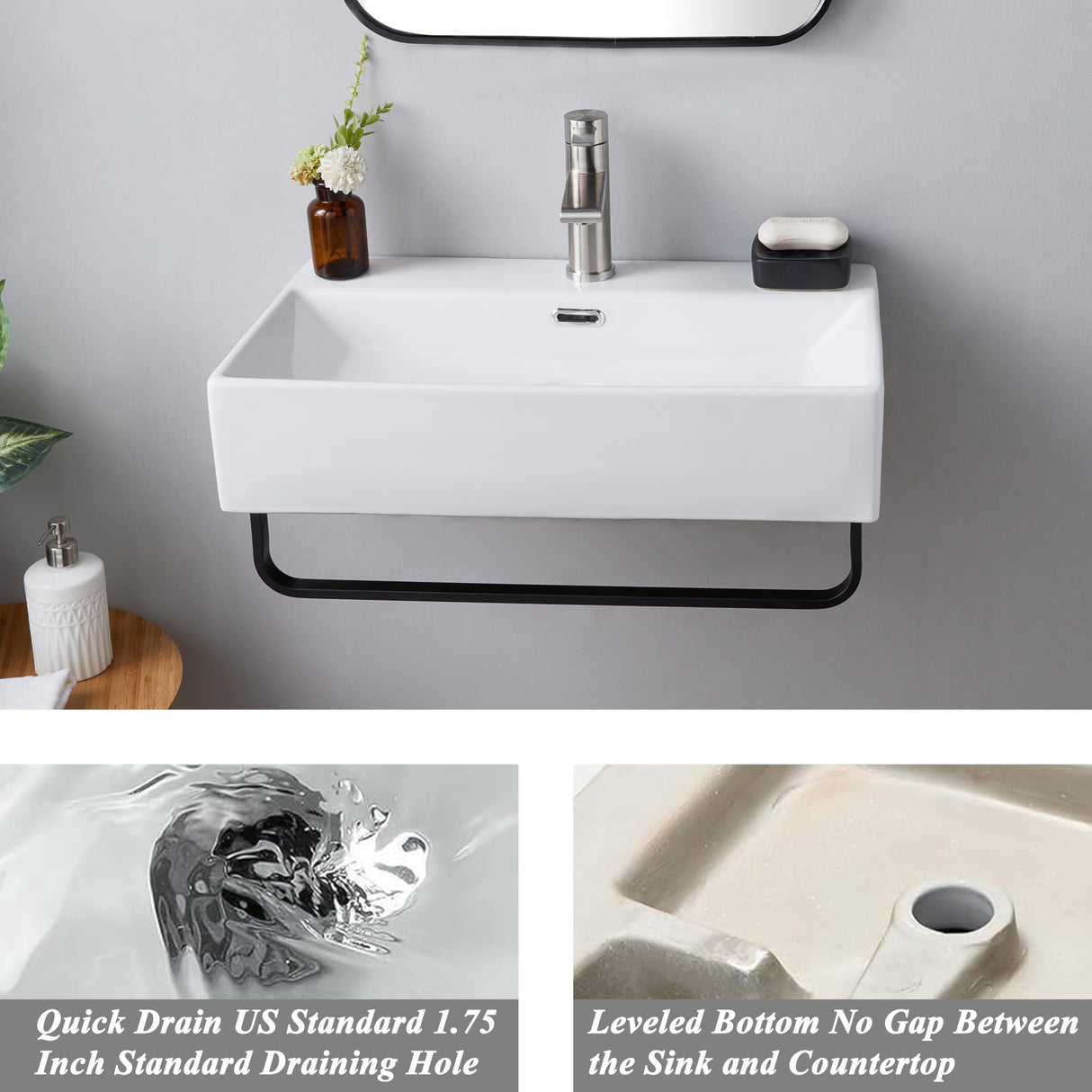 VCCUCINE 24"x14"Wall Mounted Bathroom Vessel Sink with Towel Rack,Wall Hung Porcelain Ceramic Sink,White Floating Rectangular Lavatory Vanity Small Bathroom Sink With Single Faucet Hole and Overflow VC CUCINE
