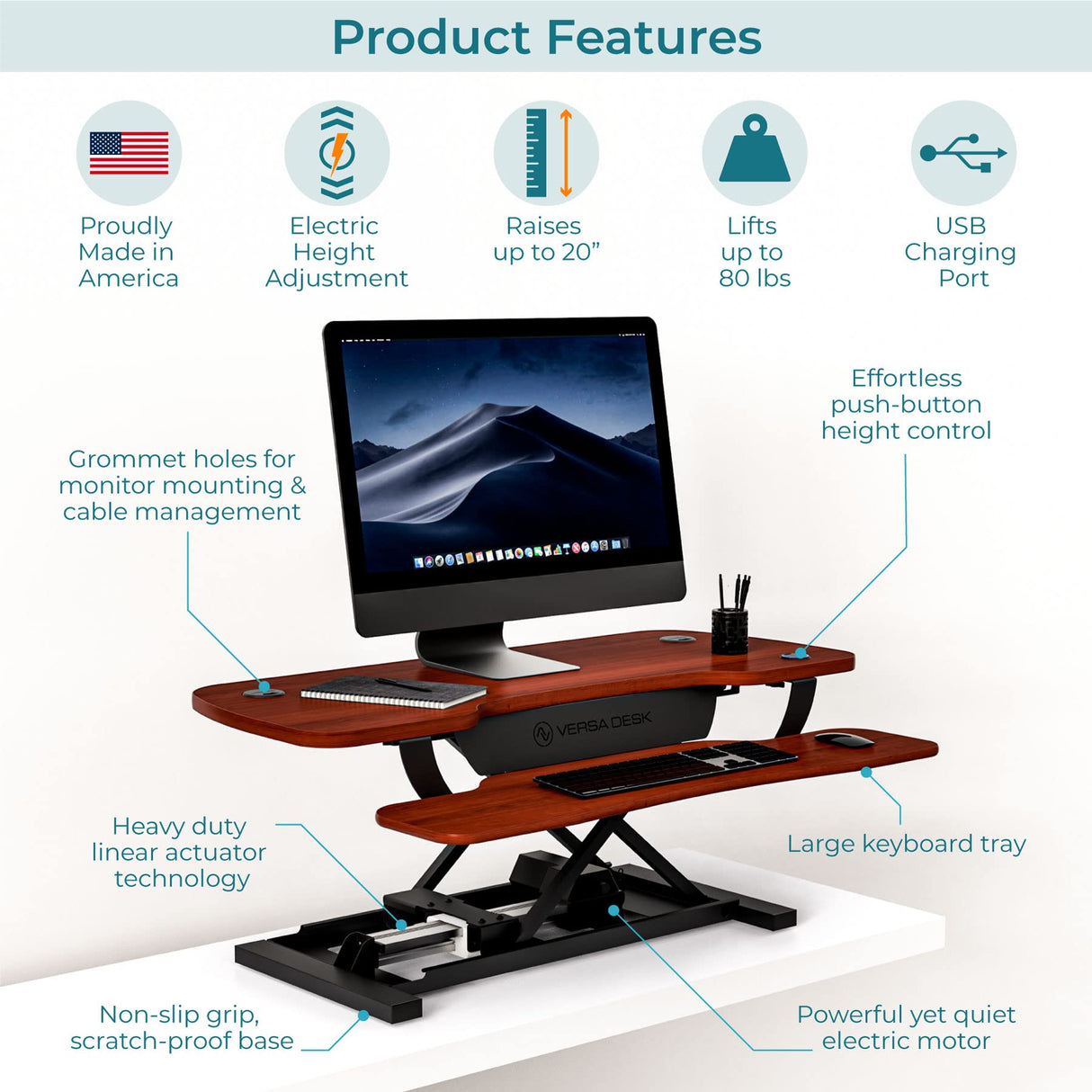 VERSADESK® PowerPro 40” x 24” Standing Desk Converter | 7.75” - 23.5” Electric Height Adjustable Sit to Stand Desk Riser w/Keyboard Tray & USB Hub - Ergonomic Workstation for Home & Office, Cherry VERSADESK