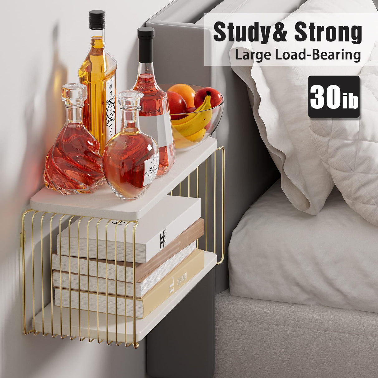 Filano Floating Nightstand White and Gold Wall Mounted Nightstand, Small Bedside Wall Shelves for Bedroom, Wood Floating Bed Side Table/Night Stand 2 Tiers Modern Decor Filano