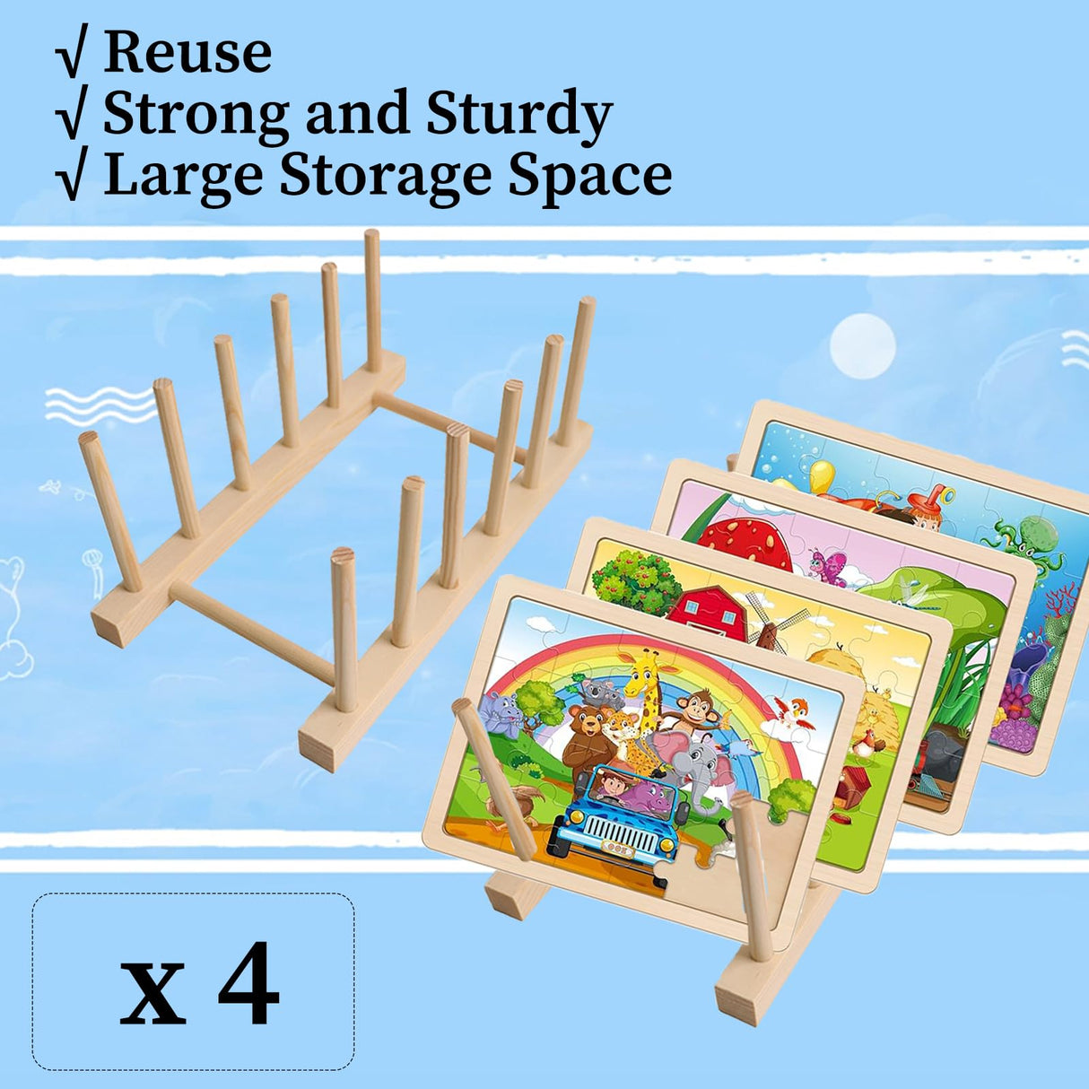 Set of 4 Wooden Puzzle Display Stand, Wooden Puzzle Storage Rack, Puzzle Organizer, Puzzle Holder Rack for Kids Adults Craft Collection Lovers Tefola