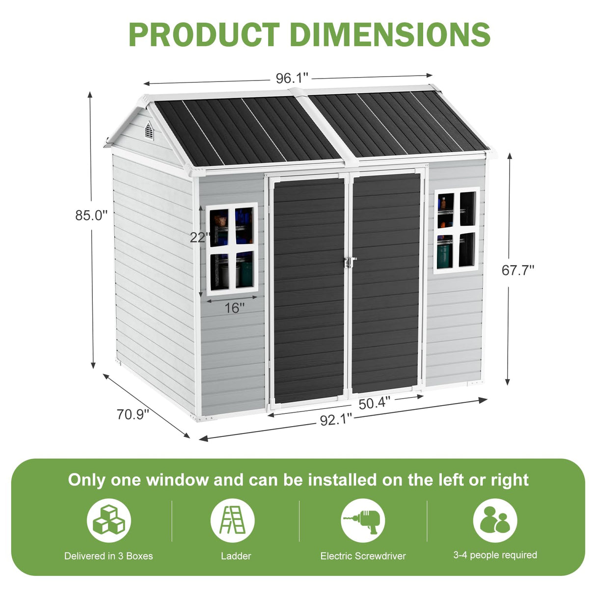 SELLERWE 8x6 FT Resin Shed, Waterproof Outdoor Storage Shed w/Floor, 2 Windows, Double Doors & Vents, Tool Shed for Patio Garden, Lawn, Backyard, Grey SELLERWE