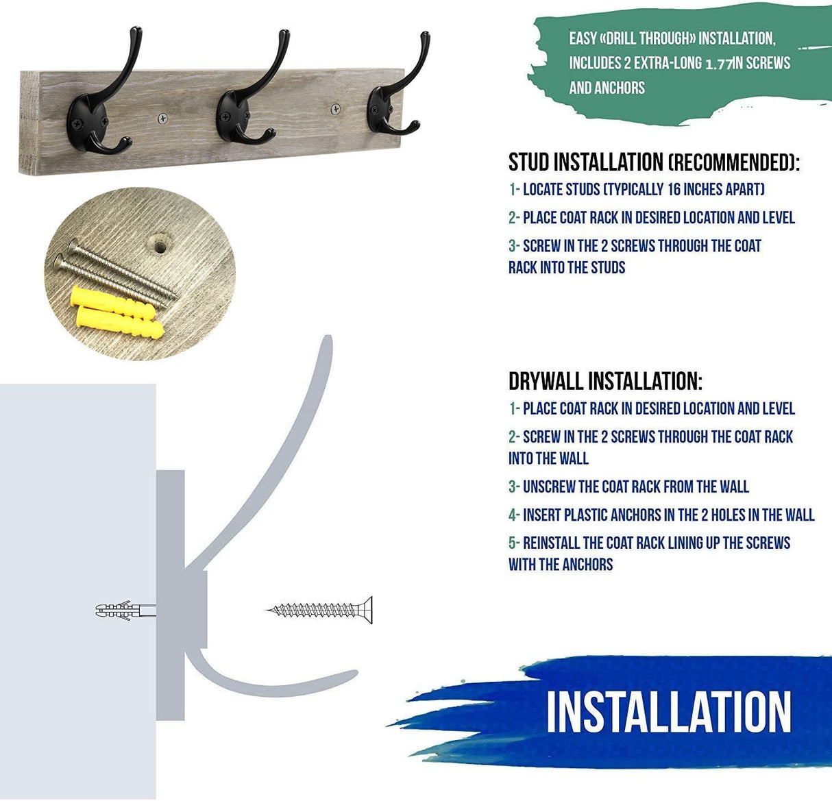 Sageme Wall Mounted Coat Rack,Wooden Entryway Vintage Rustic Coat Rack Hat Hanger Rack Zinc die-cast 3-Hook Rail for The Entryway, Bathroom, Bedroom, Kitchen, Mudroom (3 Hooks, Pinewood) Sageme