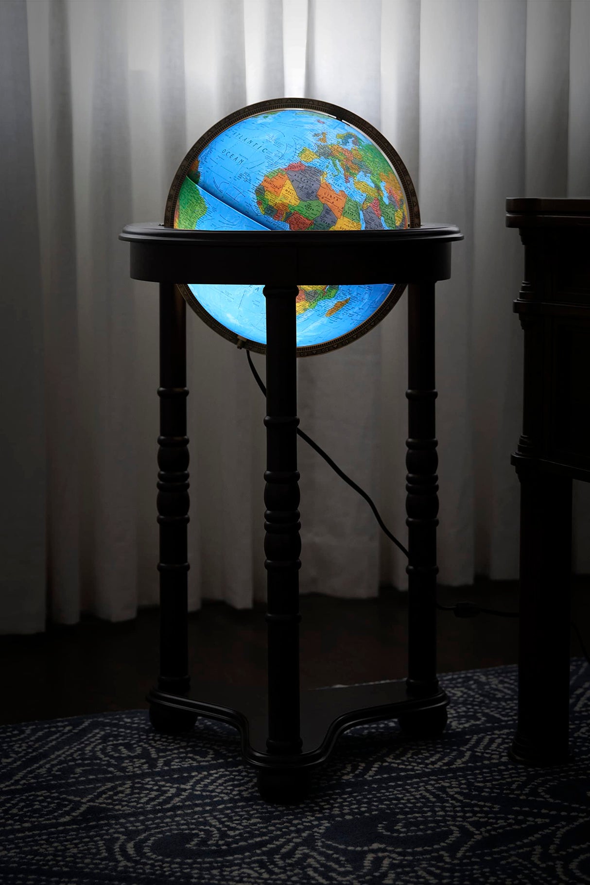 Lancaster, Dark Cherry Finish Wood Stand, Blue Ocean Illuminated World Globe, 12" Diameter, Floor Model Replogle
