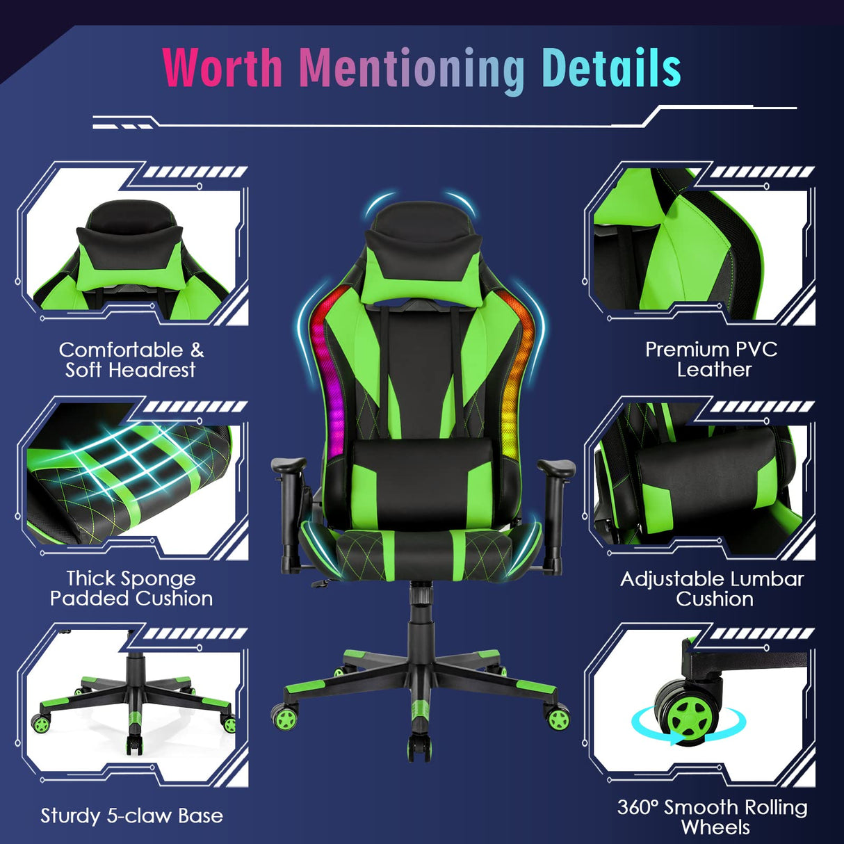 Giantex Gaming Chair with RGB LED Lights, Ergonomic Video Game Chair, High Back PVC Leather E-Sport Computer Chair Adjustable w/Headrest & Lumbar Support (Green) Giantex