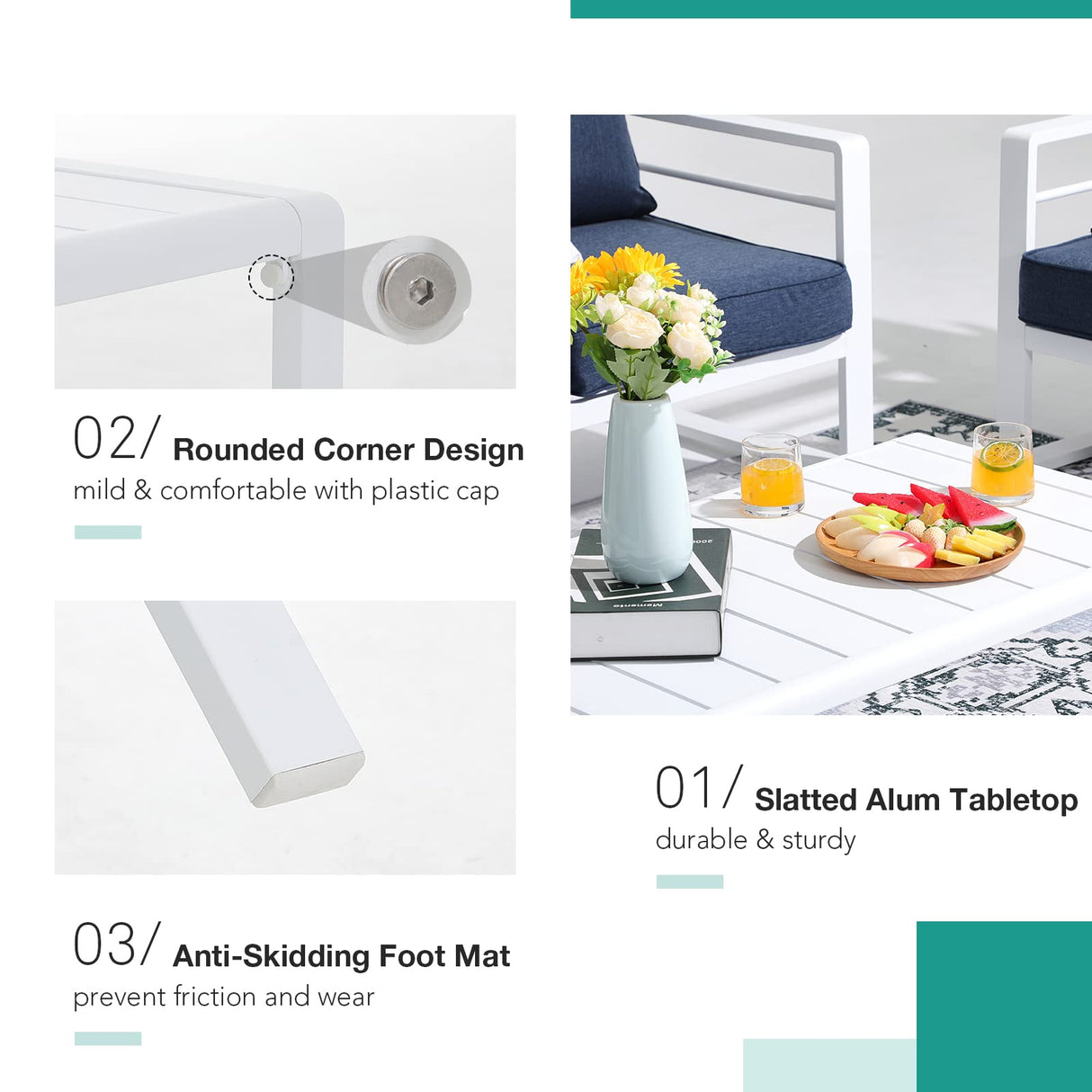 Patiorama Aluminum Patio Furniture Set, 4 PCS Modern Patio Conversation Set, All Weather White Outdoor Sectional Sofa Set w/Table, 3-Seater Sofa, Superior Olefin Cushion, Garden-Blue Cushion Patiorama