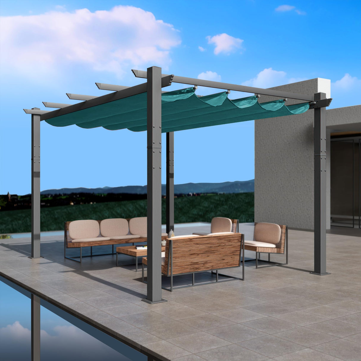 Kozyard Morgan Outdoor Retractable Pergola with Sun Shade Canopy 10' x 13' Patio Aluminum Pergola Shelter for Backyard Deck Garden Modern Metal Grill Gazebo (10ft x 13 ft Blue) Kozyard