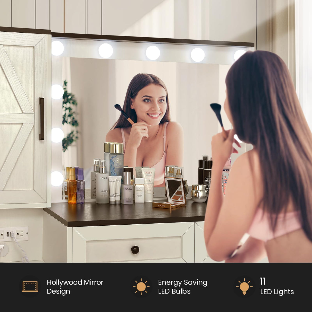 elifine Vanity with Lighted Mirror - Farmhouse Makeup Vanity Desk with 4 Drawers, 1 Cabinet and Power Outlet, 3 Color Lighting Modes Adjustable Brightness elifine