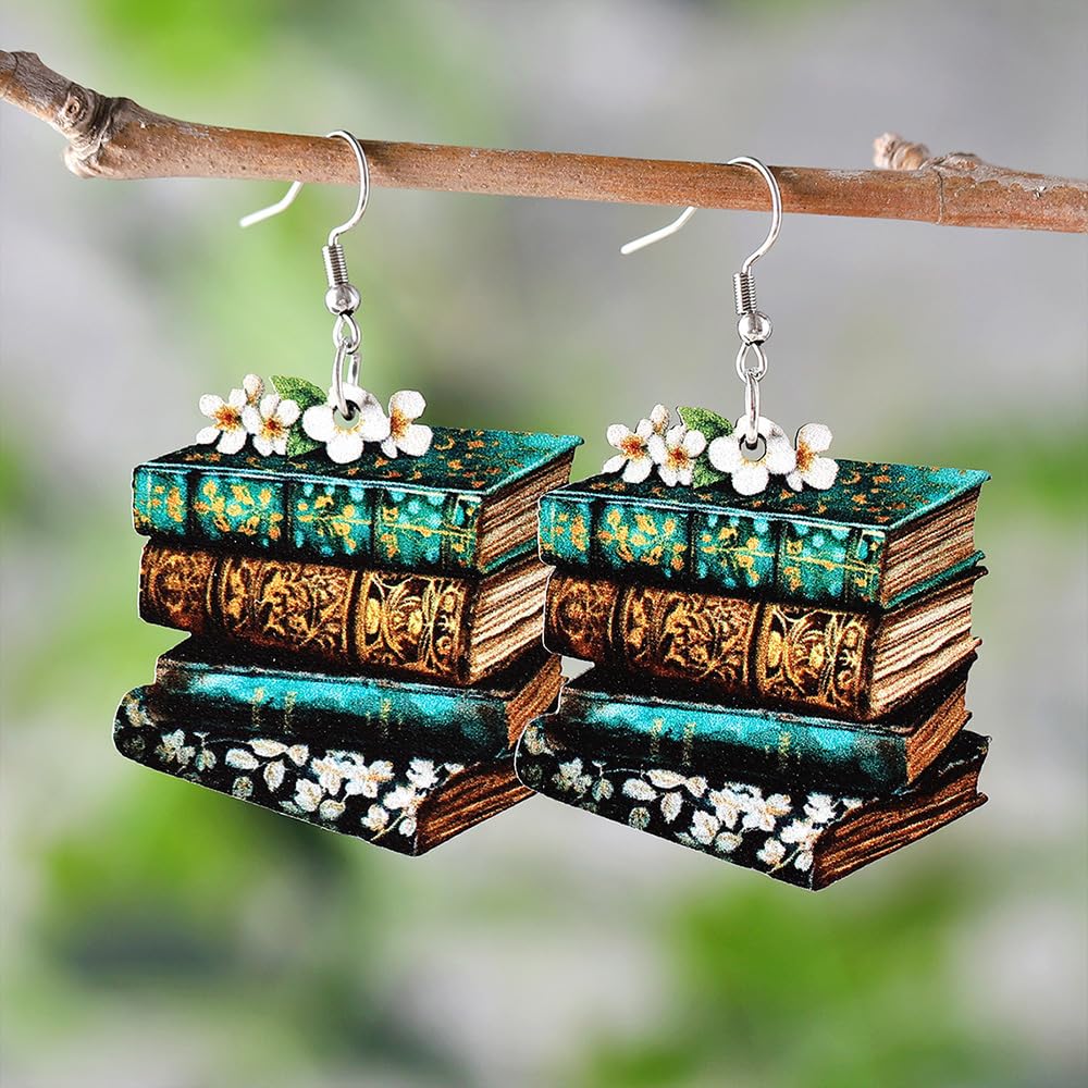 Handmade Wooden Stackable Book Dangle Earrings Lightweight Teacher Student Stack of Books Reading Earrings for Women Librarian Teachers Appreciation Day Gifts Graduation Back to School Jewelry-Style B Caiyao