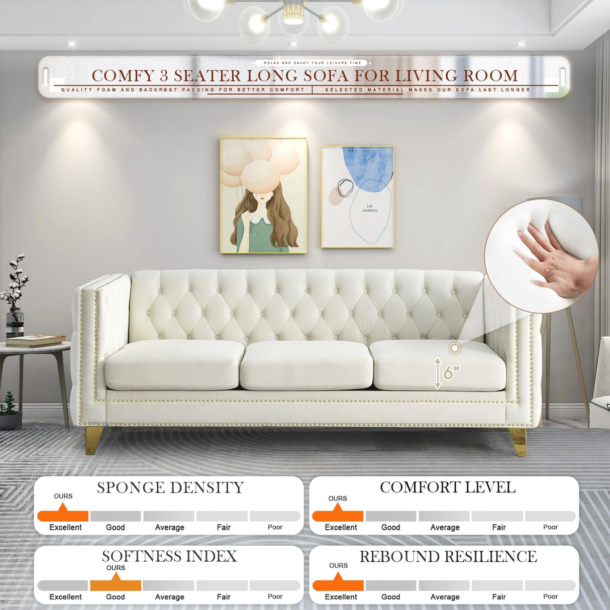 80.5-Inch Velvet 3 Seater Sofa Couch, Comfy Couches for Living Room, Modern Sofa with Tufted Back and Rivet Decoration, Upholstered Long Couch with Solid Golden Metal Tapered Legs, Beige KINFFICT