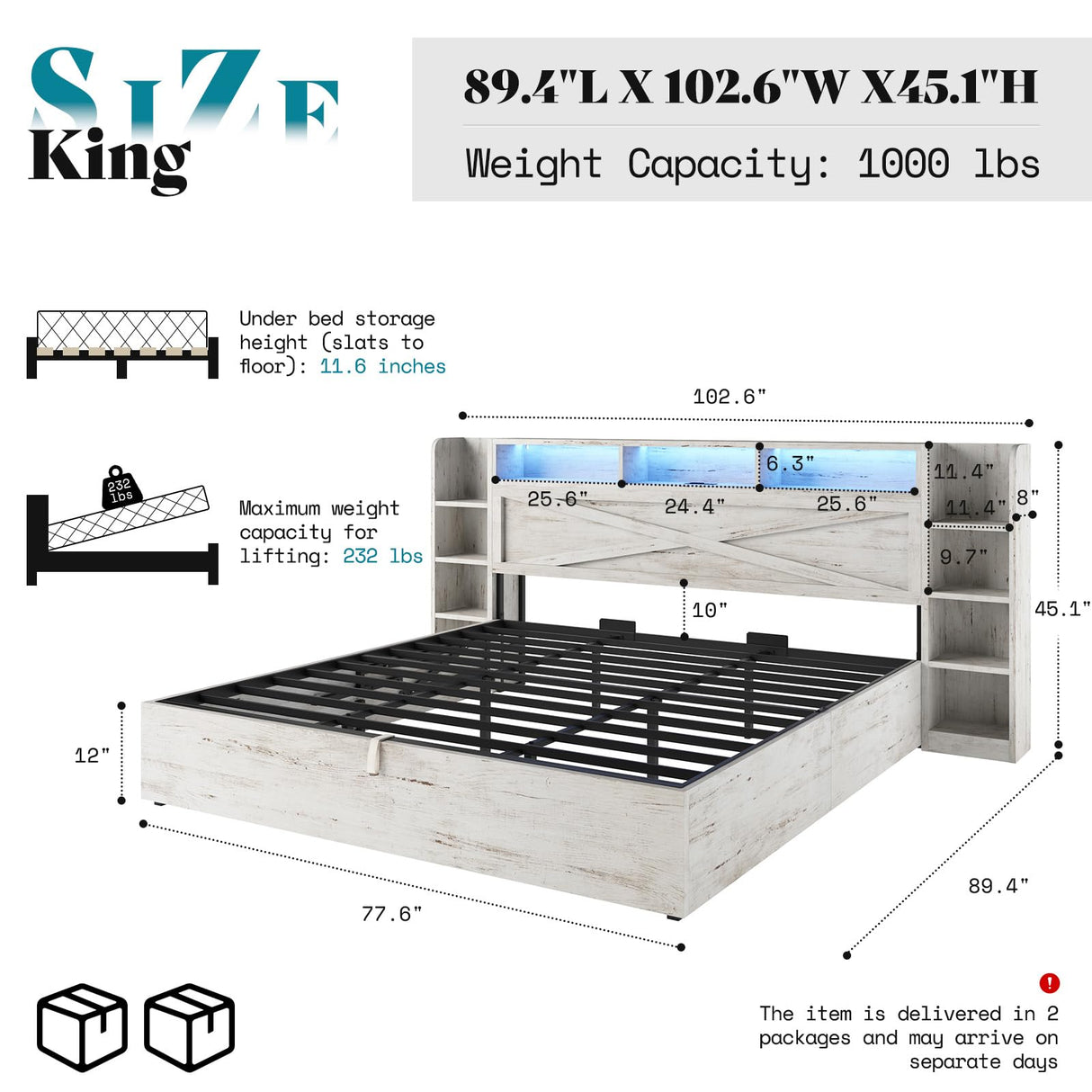 AMERLIFE King Size Lift Up Storage Bed Frame, 45.1" LED Bed Frame with 2 Side Shelves & Bookcase Headboard, Farmhouse Wood Platform Bed with Charging Station, No Box Spring Needed, Distressed White AMERLIFE