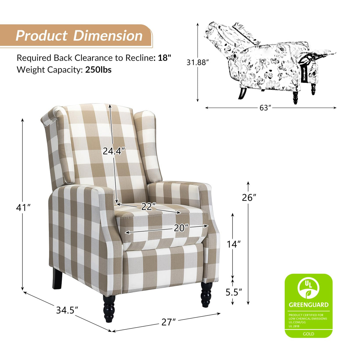 HULALA HOME Wingback Recliner Chair, Traditional Push Back Recliner Single Sofa with Solid Wood Legs, Modern Lounge Armchair for Living Room, Comfy Upholstered Accent Reclining Chair, Buffalo Beige HULALA HOME