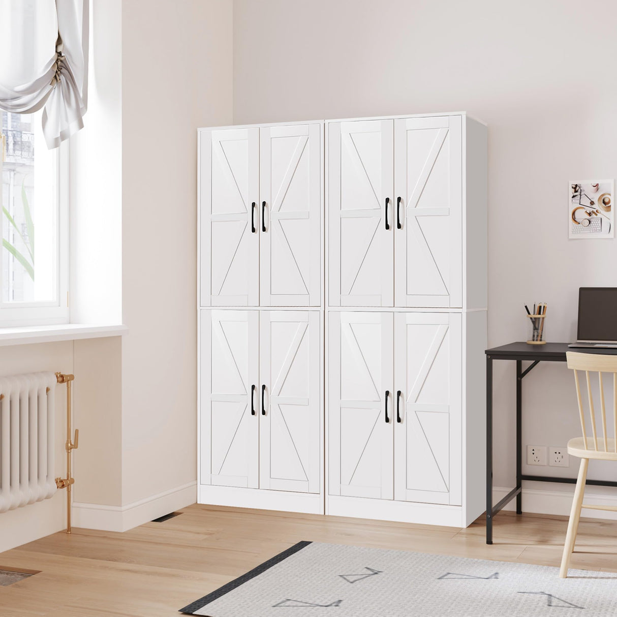 IANUE Farmhouse Storage Cabinet - Pantry with 4 Doors, Tall Kitchen Pantry with Adjustable Shelves, Organizer, White Storage Cabinet for Kitchen Dining Room Bathroom IANUE