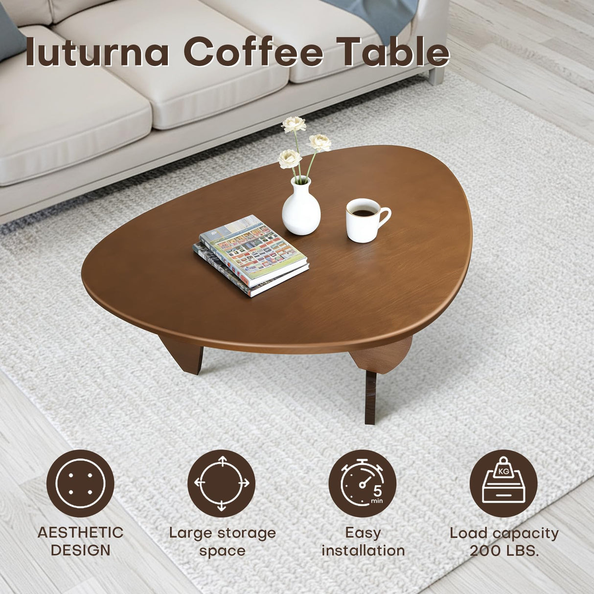 Mid Century Modern Solid Wooden Coffee Table,Small UniqueTriangle Wood Center Tables, Sturdy TeaTable Suitable for Living Room Bedroom Balcony Patio Walnut Iuturna