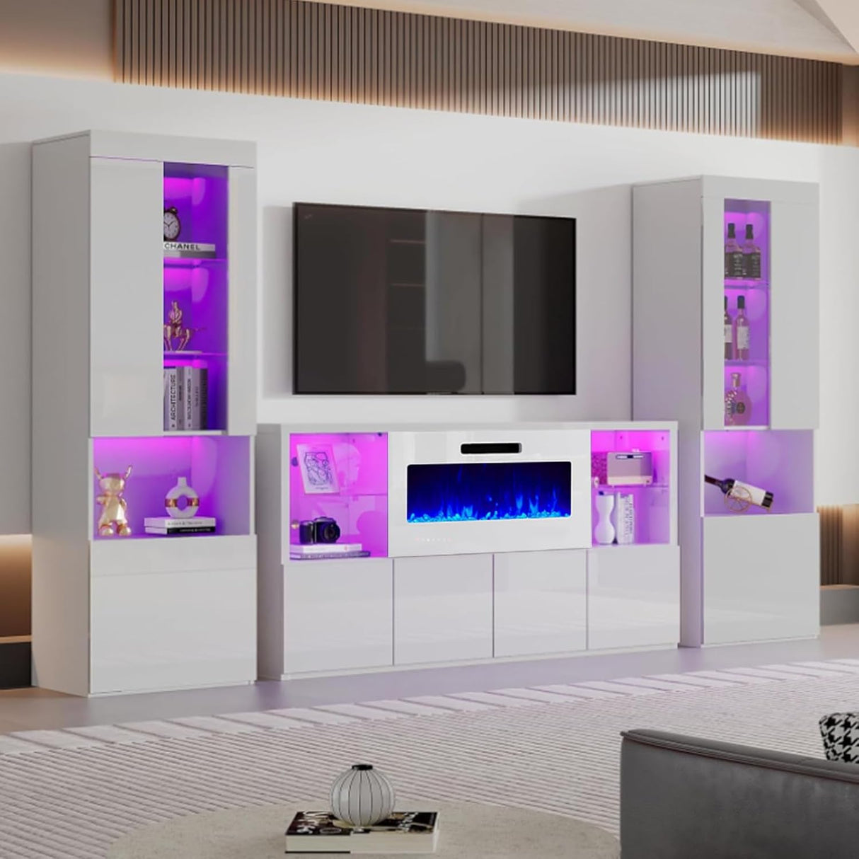 AMERLIFE 2 Piece 5-Tier High Gloss LED Lights Bookcase with Glass Doors, 71" Tall Modern Bookshelf Display Storage Cabinet Set of 2 with Adjustable Glass Shelves for Living Room, Office, White AMERLIFE