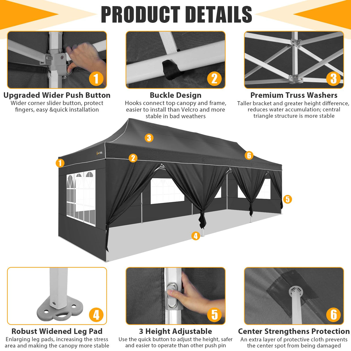 HOTEEL Tents for Parties 10x30 Pop Up Canopy Tent Heavy Duty with 8 Sidewalls, Commercial Party Tent Event Wedding Instant Canopy Waterproof with Carry Bag, UV 50+, Thicked Hexagonal Legs, Black Hoteel