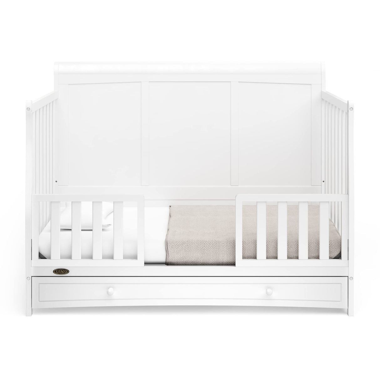 Graco Asheville 5-in-1 Convertible Crib with Drawer (White) – GREENGUARD Gold Certified, Crib with Drawer Combo, Full-Size Nursery Storage Drawer, Converts to Toddler Bed, Daybed and Full-Size Bed Graco