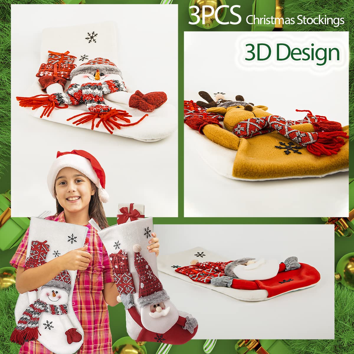 19-Inch Large Velvet Christmas Stockings Pack of 3, Santa, Snowman & Reindeer Fireplace Hanging Stockings, Plush Velvet Christmas Stockings, Plush Christmas Stocking with 3D Figurines & Snowflake masteymoh