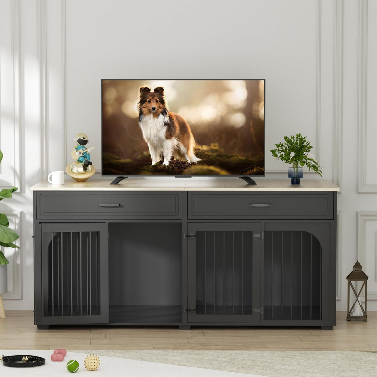 EBE 74.8'' Dog Crate Furniture, Wooden Dog Crate with 2 Drawers and Removable Divider, Heavy Duty Dog Kennel Indoor TV Stand for Small Large Medium Dogs, Black EBE