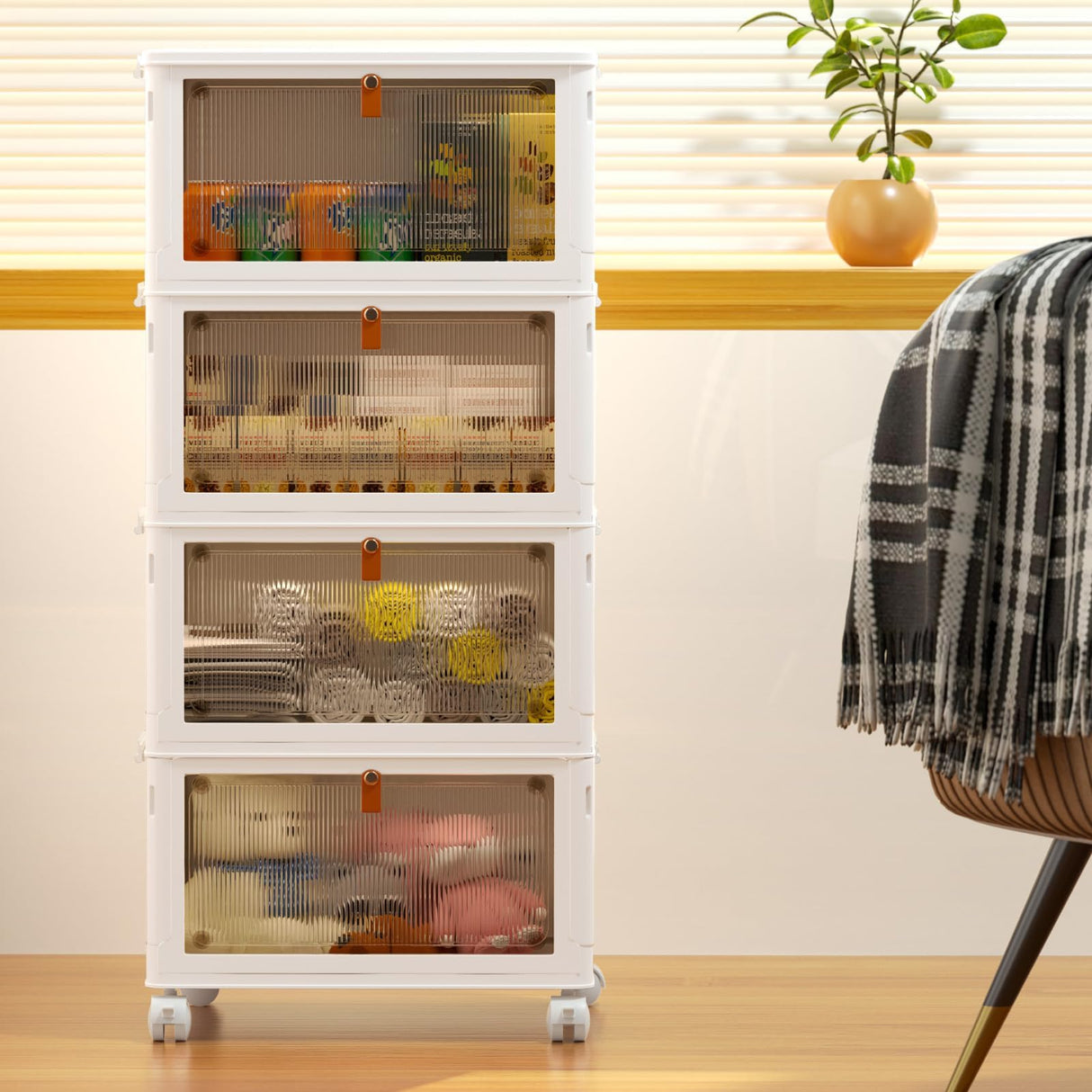 4 Tier Plastic Storage Bins with Lid 23QT, Stackable Storage Containers with Wheels, Folding Storage Boxes, Collapsible Storage Bins, Closet Organizers and Storage for Living Room,Office,Dorm YFXCVSL