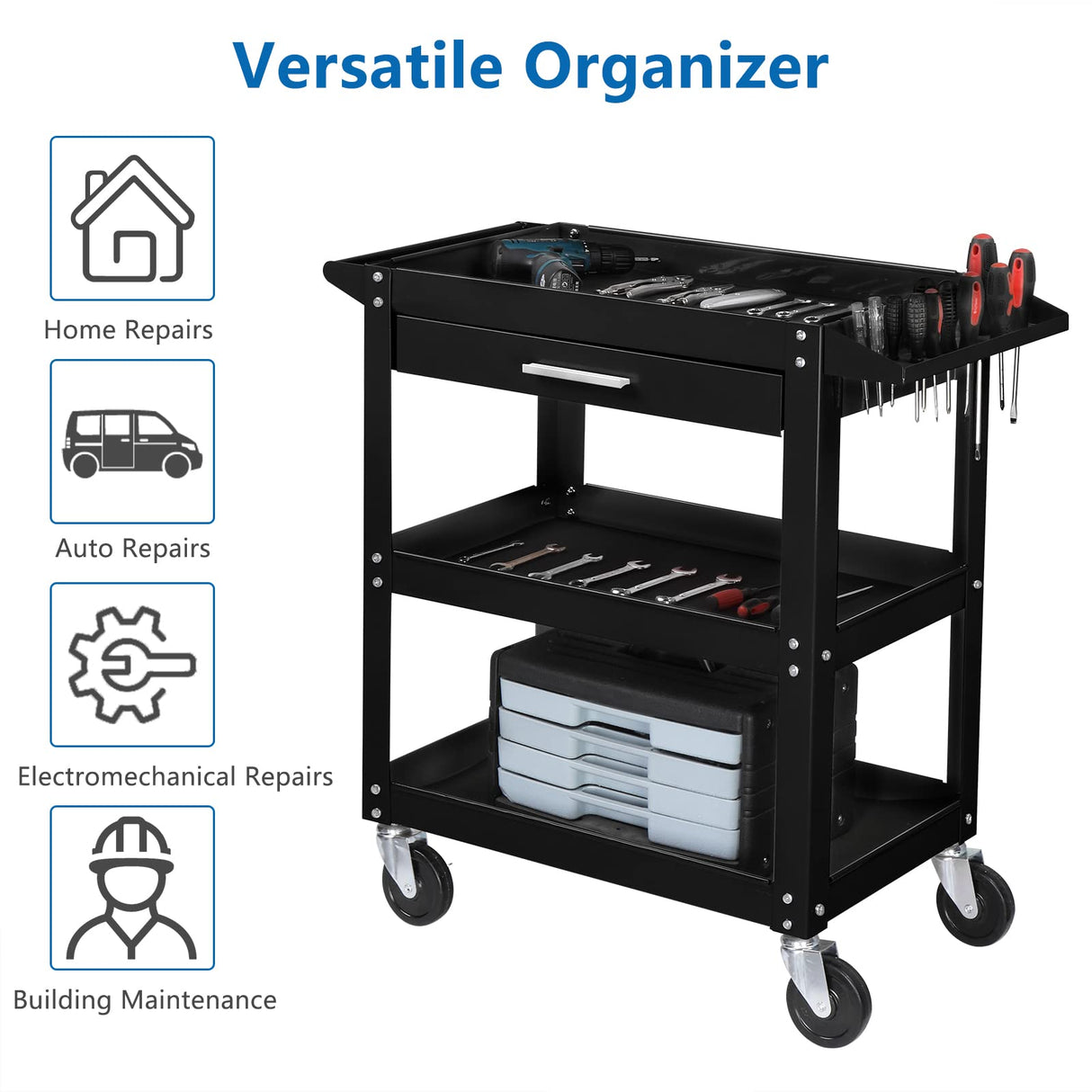 TUFFIOM 3 Tier Rolling Tool Cart with Drawer, Tool Service Cart on Wheels w/2 Brake, 330 LBS Capacity Industrial Heavy Duty Utility Cart, Tool Organizer for Mechanic, Garage, Warehouse & Repair Shop TUFFIOM