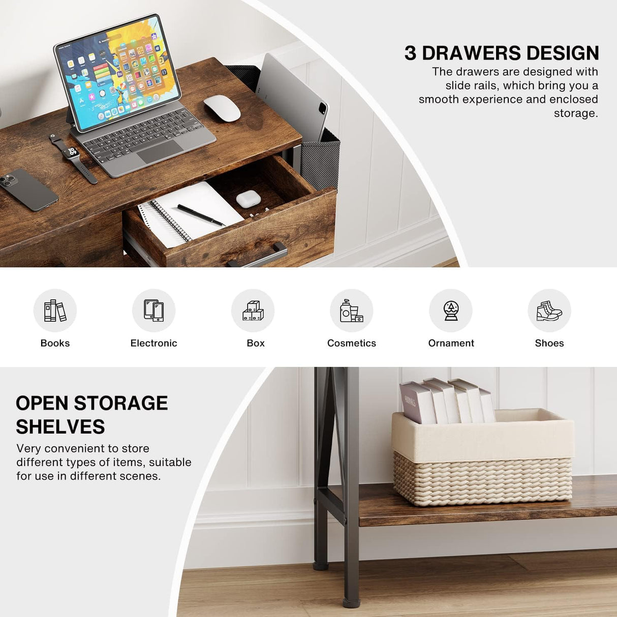 Gizoon 47" Console Table with 3 Drawers, Industrial Entryway Table with 3 Tier Storage Shelves, Narrow Long Sofa Table for Entry Way, Hallway, Couch, Living Room, Kitchen, Rustic Brown Gizoon