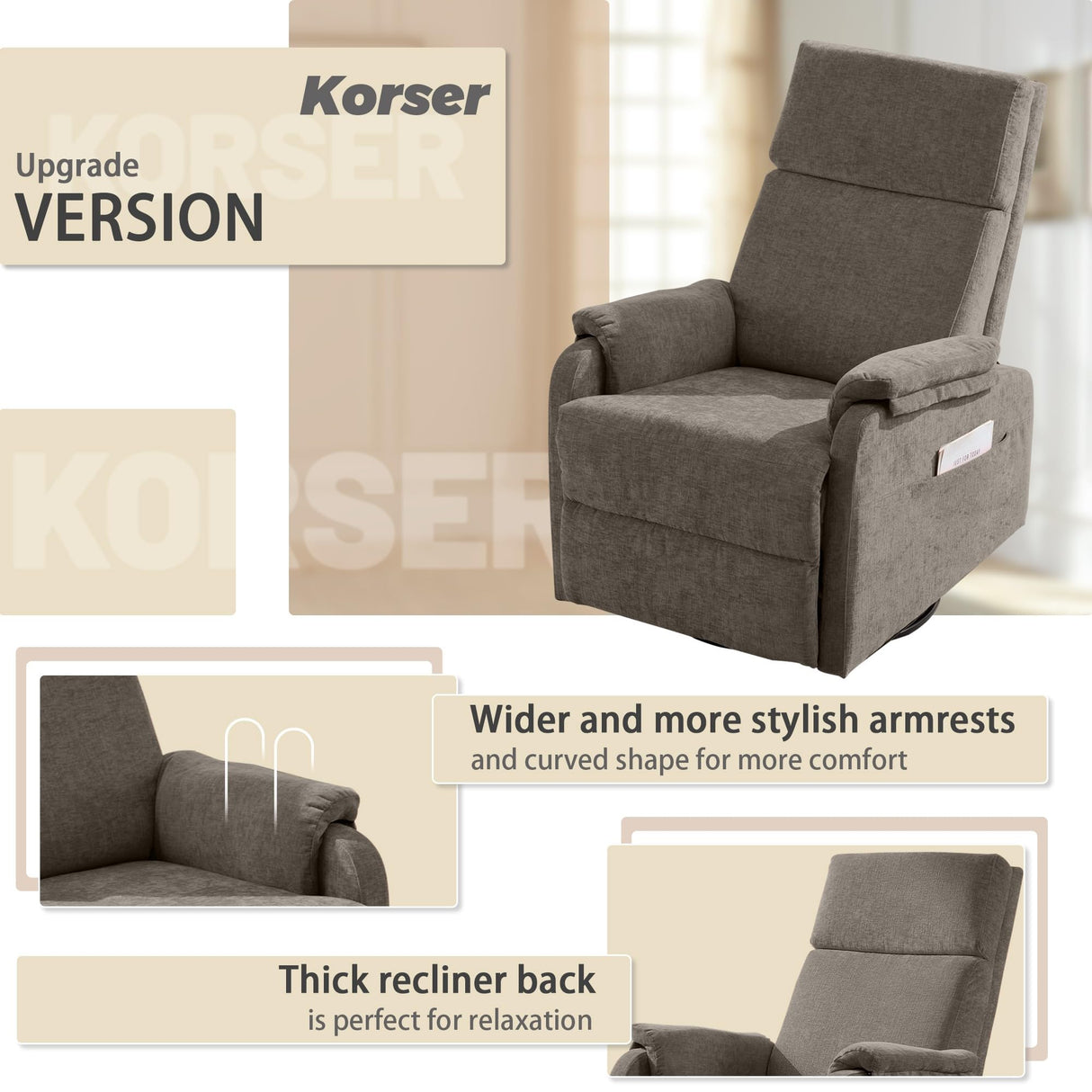 Korser Recliner Chairs, Swivel Rocking Recliner Chair for Adults, Glider Rocking Chair, Small Nursery Recliner for Living Room, Reclining with Modern-Designed Armrests, Chenille, Brown Korser