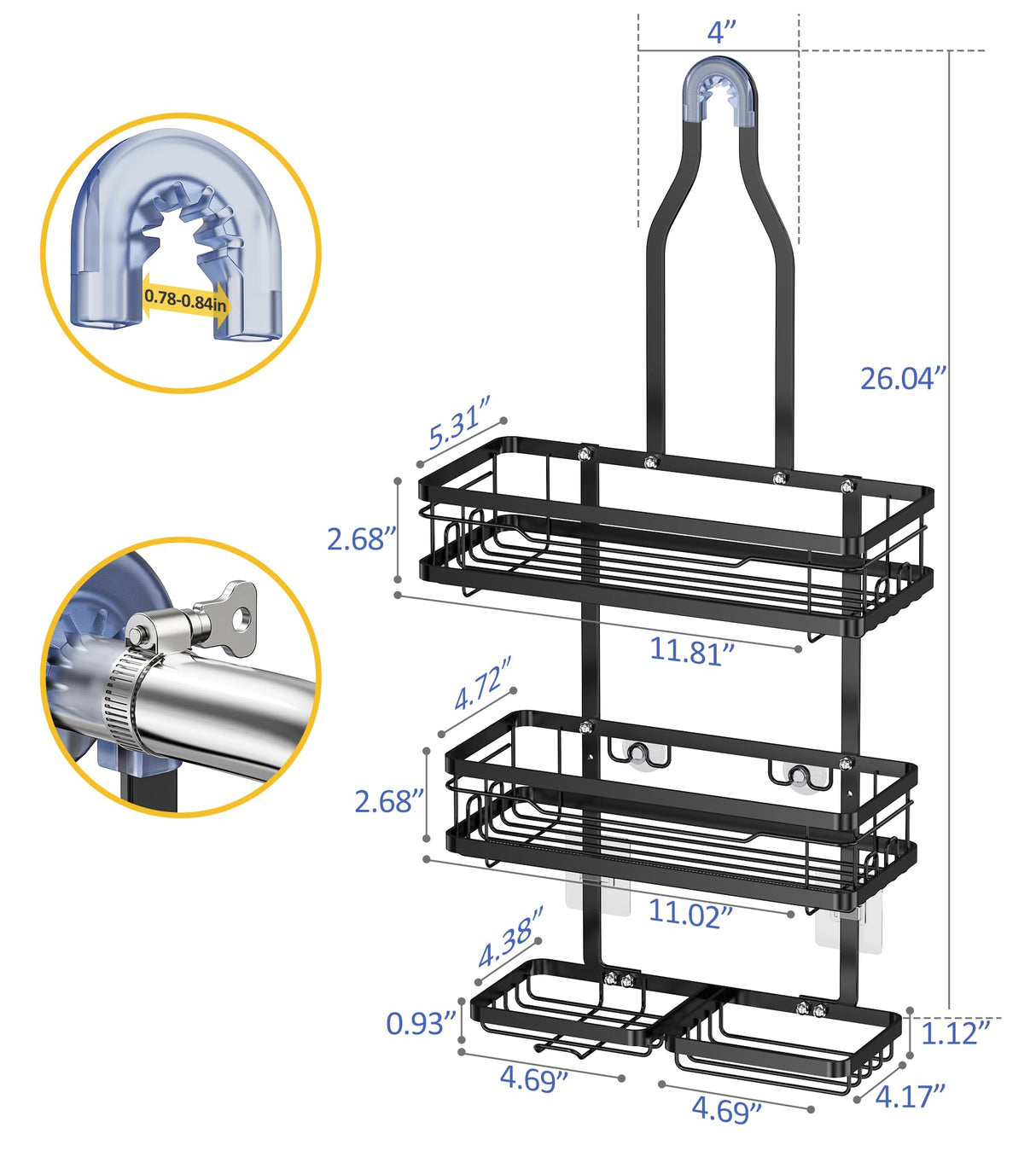 OMAIRA Shower Caddy Hanging with Soap Scrub Holder, Stainless Steel Adjustable No Drilling Non-Slip Large Capacity Sturdy Over Shower Head Shower Organizer Inside Shelves Bathroom Storage Rack, Black OMAIRA