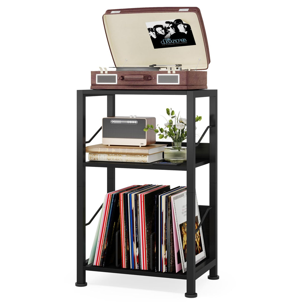 Hosfais 3-Tier Record Player Stand - Retro Vinyl Record Storage End Table Records for Living Room Bedroom (Black) Hosfais