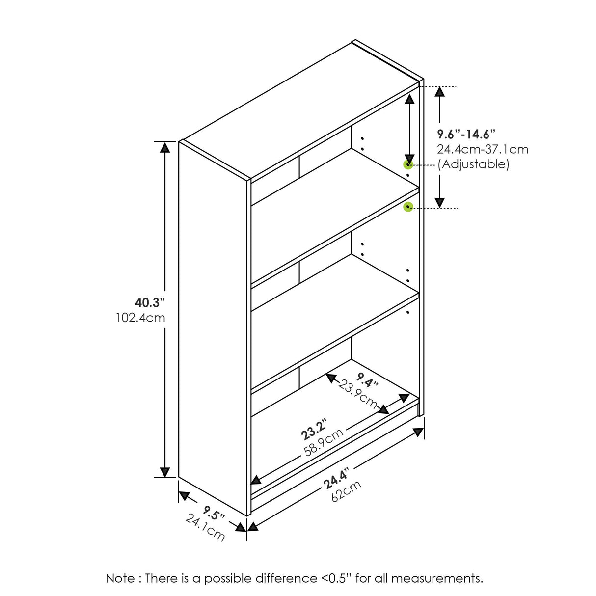 Furinno JAYA Book Shelf, 3-Tier Bookshelf, Bookcase with Adjustable Shelves, 9.5 x 24.5 x 40.3, for Living Room, Bedroom, Home Office, Blackwood Furinno