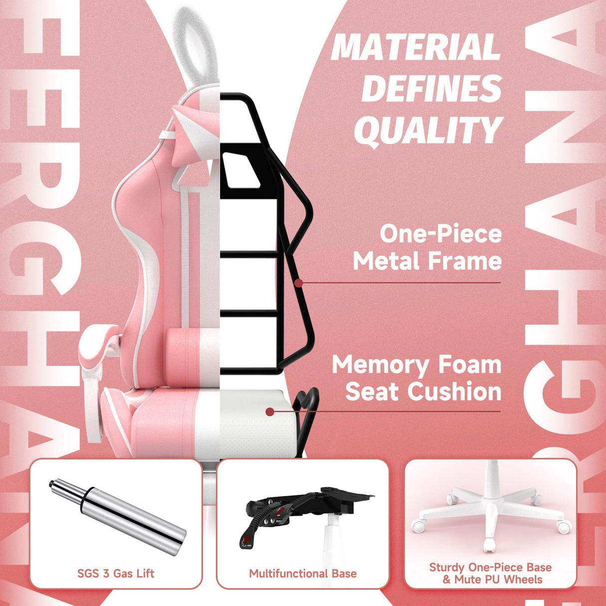 Ferghana Kawaii Pink Gaming Chair with Bunny Ears, Ergonomic Cute Gamer Chair with Footrest and Massage, Racing Reclining Home Computer Game Chair for Girls Adults Teens Kids Ferghana