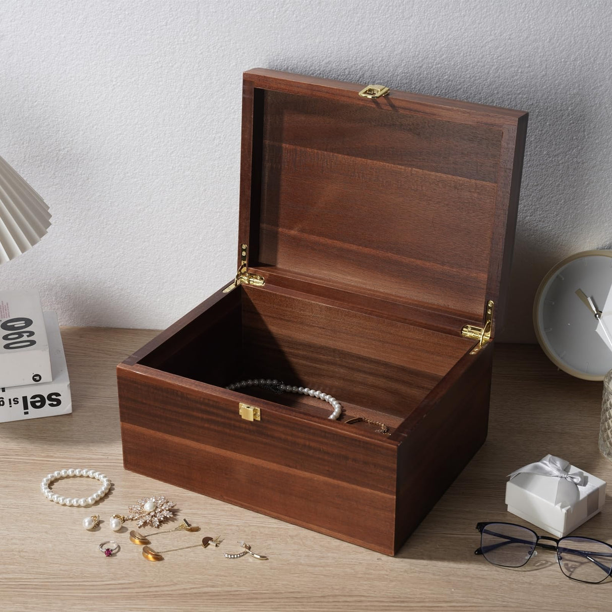 NLGQ Large Wooden Storage Box - Wood Box with Lid for Home Decor, Ideal for Keepsakes, Trinkets, Jewelry & Other Stash, 12.5x9.4x6.1 IN, Wood Keepsake Memory Gift Box, Rustic Design-WB004- X Large NLGQ