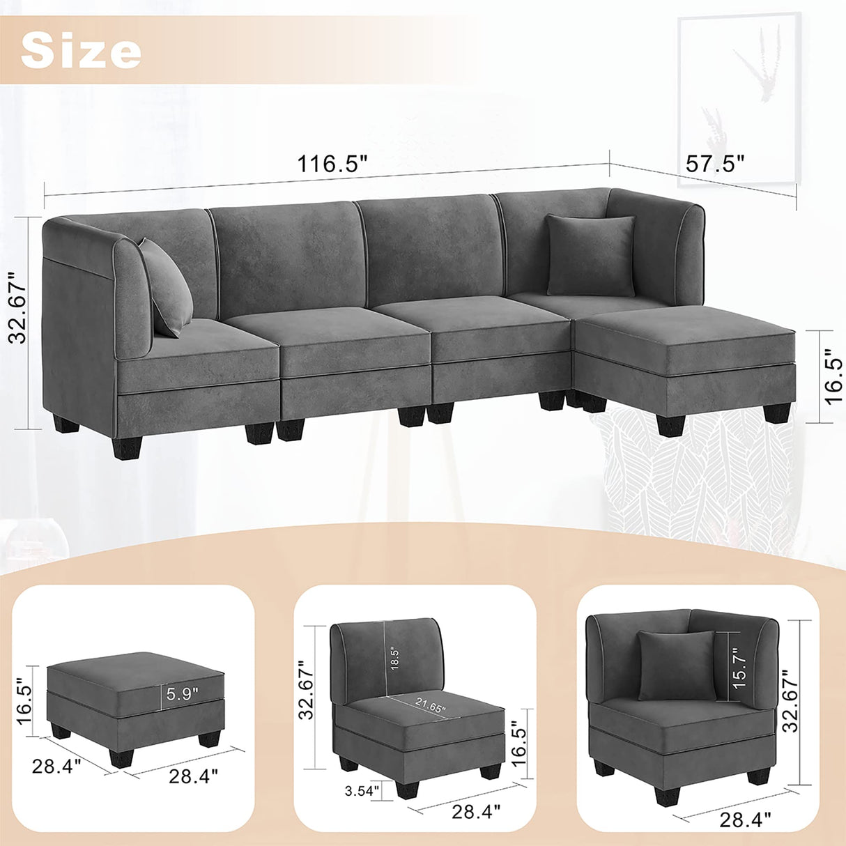 Vongrasig 5 Pieces Sectional Couch Modular Sofa with Reversible Chaise 116" Velvet L-Shaped Couch Sofa 4-seat Modular Large Sectional Couch with Ottoman for Living Room, Upholstered Cushion (Grey) Vongrasig