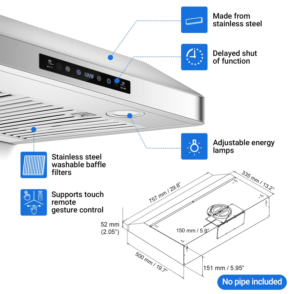 AMZCHEF Under Cabinet Range Hood 30 Inch, 700CFM Stainless Steel Kitchen Stove Vent Hood 3 Speed Exhaust Fan Touch/Remote/Gesture Control LED lights Time Setting Dishwasher-Safe Baffle Filters AMZCHEF