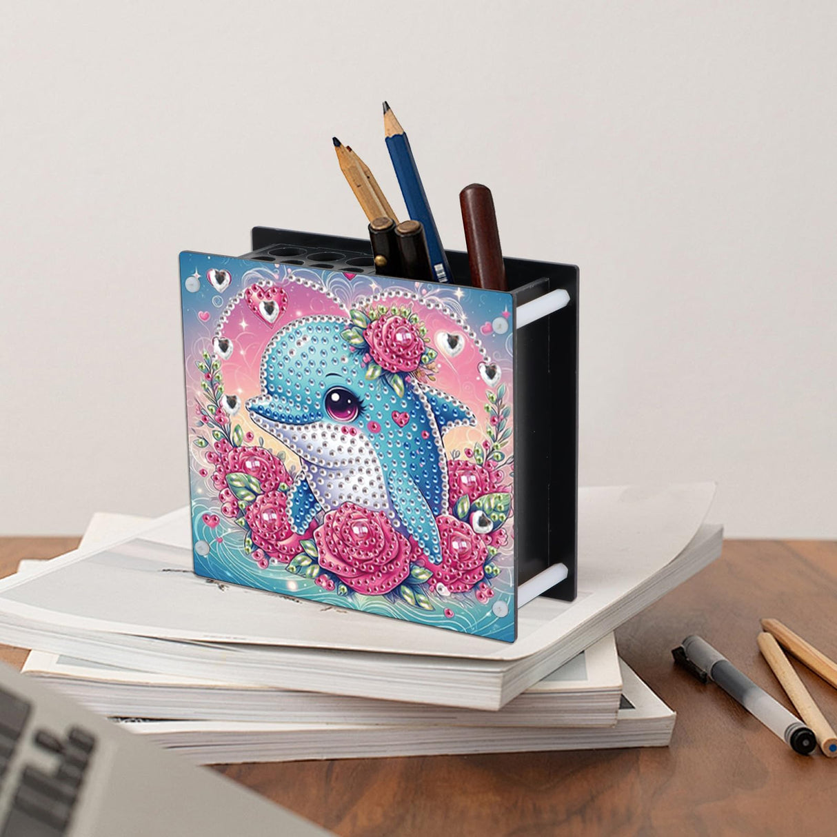 Tontut DIY Diamond Painting Kit,Rose Dolphin Special Shape diamond painting pen holder, Acrylic Daily Office Desktop Decoration Storage Item Tontut